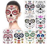Tatuajes Temporales de Cara para Halloween (8 Hojas) - Mascarada Día de los Muertos, Esqueleto Cráneo Cara Completa, Maquillaje para Mujeres, Hombres, Adultos, Niños, Prop Cosplay