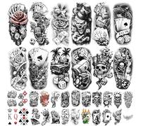 Tatuajes temporales de casino 77 hojas para mujeres y hombres, 17 grandes para media manga con cubo de póquer, león, payaso, 60 diseños pequeños, como ángel dólar, calavera, pegatinas para adultos y