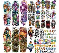 tatuajes temporales impermeables de brazo completo para chico y niñas, dinosaurio, unicornio, coche de dibujos animados, planeta, búho, tiburón falso tatuaje pegatinas para kids