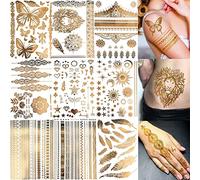 Tatuajes Temporales Metálicos, 9 Hojas Tatuajes Temporales, Tatuaje Dorados Festival, Metálico Adhesivos Decoración, Accesorios de Festivales, Brillantes, para Brazos y Tobillos