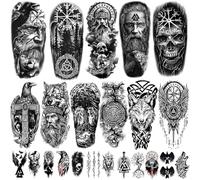 Tatuajes temporales vikingos 77 hojas para mujeres hombres, motivos medio brazo nórdico celta león lobo tigre calavera, 60 hojas pequeñas águila tribal para adultos niños. Muy realistas