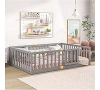 Tatub Cama de suelo Montessori matrimonial con rieles altos, marco de cama Montessori de madera maciza para niños, puerta que se puede instalar a izquierda y derecha, color gris completo