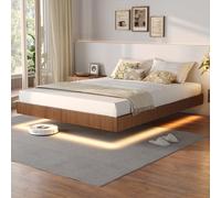 Tatub Marco de cama flotante de nogal Queen con luces LED, plataforma flotante moderna estriada de mediados de siglo con listones de metal resistentes, no necesita somier
