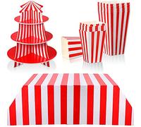 Tatuo 14 Recuerdos de Fiesta de Carnaval, 3 Niveles Soporte de Espuma de Cupcake Mantel de Carnaval Cajas de Palomitas de Maíz Decoraciones de Rayas Rojas y Blancas de Fiestas de Circo