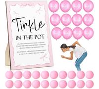 Tatuo 71 - Letrero de madera para baby shower con texto en inglés "Tinkle in the Pot", revelación de género, recuerdos de fiesta, 20 pelotas de tenis de mesa, 50 globos de látex (lazo, rosa)
