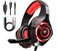 Tatybo Auriculares Gaming para PS4 Ps5 PC Xboxone, Auriculares con micrófono estéreo Bass Deep, Luces RGB, cómodos Auriculares Grandes, Auriculares para Mac Switch Laptop (Negro Rojo)