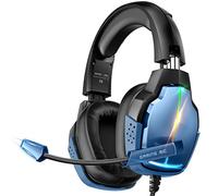 Tatybo Auriculares Gaming para Ps4 Ps5 PC Xboxone Switch, Cascos Gaming Estéreo con 90° Almohadillas Giratorias, Micrófono con Cancelación de Ruido, 4 Modos RGB Luz (Azul)