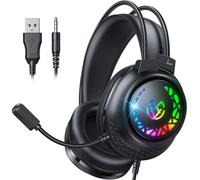 Tatybo Cascos Gaming para Ps4/Ps5/PC/Switch, Auriculares Gaming con Doble Diadema Adaptable, 3D Estéreo Sonido, Cascos con Cable Ligero con Luz RGB