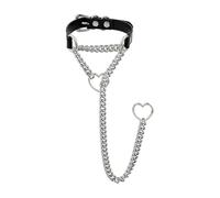 TAUOE Choker in pelle nera artigianale da donna, punk gotico, con anello a forma di cuore, catena lunga scorrevole con chiusura regolabile (Argento nero)
