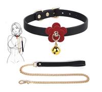 TAUOE Collar con Flores Rojas y Cascabeles, Material PU, 45,5 Centímetros, con Cierre con Cremallera de 87,5 Centímetros, Colores Negro y Dorado