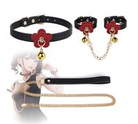 TAUOE Conjunto de Decoración de Pulsera y Collar, que Incluye Collar, Pulsera y Correa, con Flores Rojas y Cascabeles, PU, Cadena Dorada, Color Negro.