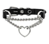 TAUOE Gargantilla de cuero para entrenamiento de yoga, juguetes de pareja, juegos de dormitorio, gargantilla de cadena ajustable con anillo de metal en forma de corazón (Cadena de plata)