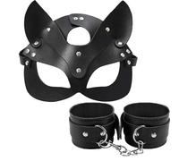 TAUOE Máscara de ojos de moda gótica con kit de sujeción de manos y muñecas - Juego de rol interactivo para parejas - Cuero negro