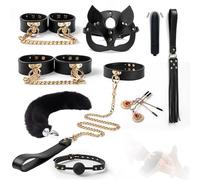 TAUOE Set de Accesorios de Cuero Negro (Con Cadena de Oro) 9 Piezas, Incluye Máscara y Accesorios Decorativos, Especialistas en Juego de Rol para Hombres y Mujeres