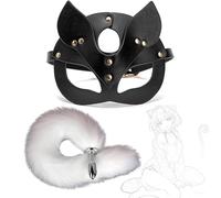 TAUOE Set de Máscara y Cola de Zorro, Material de Piel, Suave y Cómodo, Regalo y Accesorio para Eventos de Cosplay - Negro y Blanco