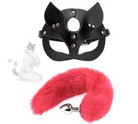 TAUOE Set de Máscara y Cola de Zorro, Material de Piel, Suave y Cómodo, Regalo y Accesorio para Parejas Y Esposos En El Evento De Cosplay - Rojo