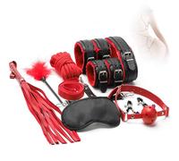 TAUOE Set de rol para parejas, accesorios ajustables de cuero, de diez piezas - Diversión para el dormitorio, ideal para hombres y mujeres - Rojo y negro