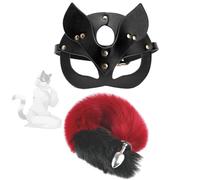 TAUOE Set De Tapabocas Para Ojos Y Cola De Zorro, Material De Cuero, Suave Y Cómodo, Regalo Para Eventos Cosplay, Accesorio Para Hombres Y Mujeres, Negro Y Rojo