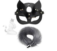 TAUOE Set De Tapabocas Para Ojos Y Cola De Zorro, Tapabocas Para Ojos De Cuero, Cola Suave Y Cómoda, Regalo De Pareja Para Eventos Cosplay, Accesorio, Negro Y Gris