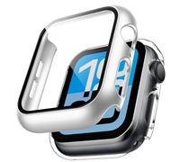 TAURI 2 Pack Funda Apple Watch 44mm Serie SE 3/2/1/, Serie 6/5/4, Ultra Delgada PC Funda+Cristal Templado 9H, Protección Completa,Resistente a arañazos Protector Pantalla - Plata + Transparente