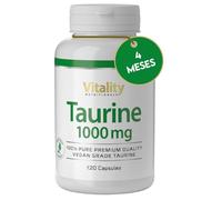 Taurina Pura 1000 mg por cápsula, 1 cápsula al día para 4 meses de tratamiento. Sin lactosa, soja, gluten ni levadura. Vegano. Vitality Nutritionals by VitaminExpress.