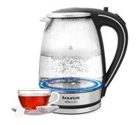 Taurus Aroa Glass - Kettle. Hervidora de agua. 2200W. 1,8L de capacidad. Cuerpo de cristal. Resistencia oculta. Filtro en la tapa. Acero inoxidable. Giro de 360º. Iluminación led en la base. Negro