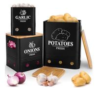 TAVADA Caja Para Guardar Patatas, Cebollas y Ajos Juego de 3 con Tapa de Bambú - cesta para patatas y cebollas,Negro, apilable, ventilación para frescura, ideal para cocina y despensa