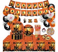 TAVADA Juego de Vajilla de Halloween para 25 Personas - Decoración de Fiesta Con Banner, Mantel, Vasos de Papel, Globos y Pegatinas (216 Piezas)