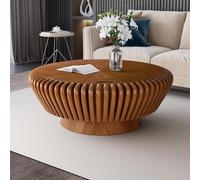 Tavolino rotondo con contenitore Tavolino da caffè rotondo scanalato in legno massello lavorato a mano Tavolo da centro moderno a tamburo scanalato Elegante punto focale per un soggiorno contemporaneo