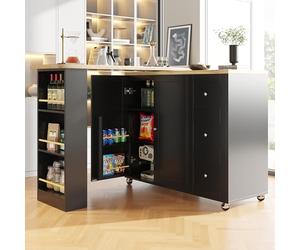 Tavolo da bar gile a 360° con ruote 3 cassetti supporto per ack isola di stoccaggio multifunzale cucina e soggiorno nero (138 209 x 39 x 104 pies)