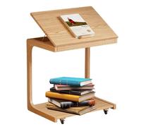 Tavolo da Estremità a Forma di Legno a C, Tavolo Laterale con Ruote a Rotazione a 360°Bloccabile, 3A Marcia Regolabile Regolabile Tavolo di Rotolamento Regolabile Desktop per Divano, Soggiorno