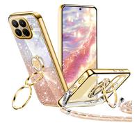Tawarror Funda con Cuerda para Xiaomi 15T Pro, Carcasa Glitter de Galvanisée Silicona corazón de Amor, Doble Anillo de Soporte e Ajustable Collar Correa de Cuello Cordón, Oro