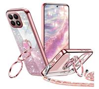 Tawarror Funda Glitter con Cuerda para Xiaomi 15T, Carcasa de Galvanisée Silicona corazón de Amor, Case con Doble Anillo de Soporte e Ajustable Collar Correa de Cuello Cordón, Oro Rosa