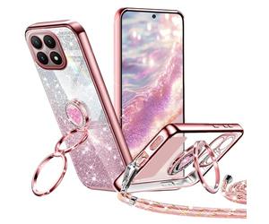 Tawarror Funda Glitter con Cuerda para Xiaomi 15T, Carcasa de Galvanisée Silicona corazón de Amor, Case con Doble Anillo de Soporte e Ajustable Collar Correa de Cuello Cordón, Oro Rosa