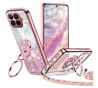 Tawarror Funda Glitter con Cuerda para Xiaomi 15T Pro, Carcasa de Galvanisée Silicona corazón de Amor, Case con Doble Anillo de Soporte e Ajustable Collar Correa de Cuello Cordón, Oro Rosa
