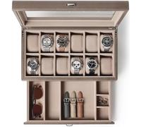TAWBURY Caja de reloj de 12 ranuras con cajón de almacenamiento, estuche de almacenamiento de relojes de para hombres y mujeres, hecho a mano con piel sintética y madera de ingeniería