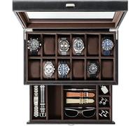 TAWBURY - Caja de reloj de 12 ranuras con cajón, estuche organizador de cuero negro vegano para relojes de lujo masculinos, de 12 ranuras, negro y gris