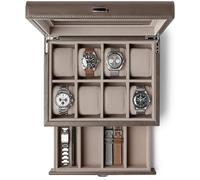 TAWBURY Caja de reloj de 8 ranuras, unisex, con cajón de almacenamiento, pantalla de cristal real y almohadas extra anchas para relojes grandes (gris pardo)