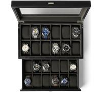 TAWBURY Caja de reloj para hombre - Caja de reloj extragrande con 24 ranuras y pantalla de cristal auténtico, cajón extraíble y cojín de 5 cm de ancho para relojes grandes (negro/antracita)