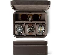 TAWBURY Funda de viaje para 3 relojes con compartimento de almacenamiento, funda de cuero de grano superior marrón para 3 relojes más accesorios, con almohadas en forma de M, cremallera de metal y