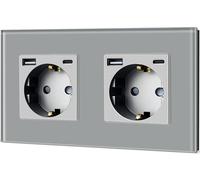 TAWOIA Enchufe Schuko con USB C 20 W, estándar de la UE, 2 enchufes empotrados con placa de cristal, enchufes dobles de pared, color gris, 86 x 157 mm