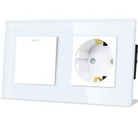 TAWOIA Interruptor de luz con enchufe, 1 compartimento, 2 vías, placa de cristal, empotrable, interruptor con enchufe Schuko, 16 A, 86 x 157 mm, color blanco