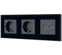 TAWOIA Schuko Enchufe de pared, 2 enchufes con doble USB 5 V x 3,1 A (máx. 15 W), marco de cristal empotrado, enchufe para, 16 A, enchufe con USB negro, 86 x 228 mm