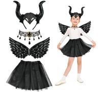 TAXTYHRE Disfraz de Malefica para Niña, Costume de Maléfica Niña, Disfraz de Cuernos de Maléfica, Bruja Halloween Costume para Niños, para Halloween Carnaval Cosplay Fiesta