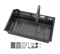 TAXXII Fregadero de Cocina Multifuncional Negro con Grifo Tipo Cascada, Acero Inoxidable 304, cubeta Individual, lavavajillas, fácil de Limpiar, Todos los Accesorios (Negro, 80x45x22cm)