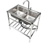 TAXXII Fregadero Exterior de Acero Inoxidable Independiente para hostelería, Fregadero de Cocina portátil, Unidad de Doble cubeta y Grifo, Estante de Almacenamiento para Restaurante, Lava