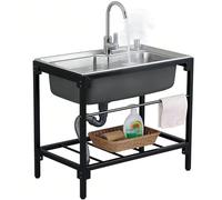 TAXXII Fregadero Independiente de Acero Inoxidable con Marco Negro, Lavabo Exterior con Grifo de Agua fría y Caliente, Individual, para lavandería y Camping.