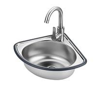 TAXXII Lavabo de Esquina de Pared para baño, Lavabo Individual de Acero Inoxidable, con escurridor y Grifo, Protector de Borde, para Exteriores e Interiores, Garaje, lavadero/Cuarto de se