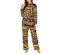 TAyang Conjunto de pijama de manga larga para mujer, estilo africano, estampado de retazos, 2 piezas, ropa de dormir, Negro, XL