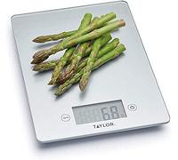 Taylor Pro Balanza Digital de Vidrio de Cocina, Diseño Compacto y Ultrafino, Nivel Profesional con Función de Peso con Tara, Acabado en Plata, 5 kg de Capacidad